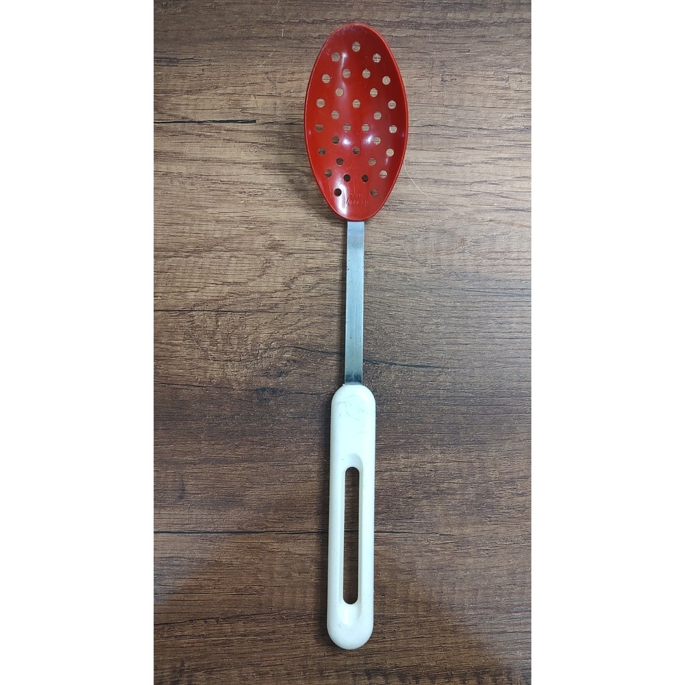 Vintage Bonny Slotted Serving Spoon Nylon Red White Plastic Handle USA U54
